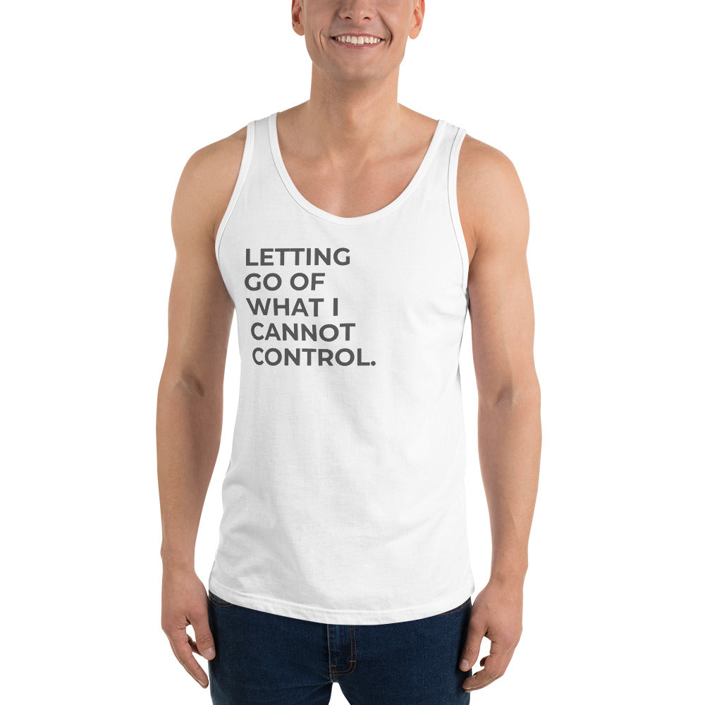 Man wearing a white sleeveless tank with "Letting Go of What I Cannot Control" text.