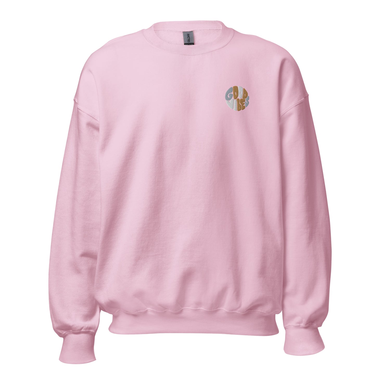 Pink embroidered "Good Vibes" premium crew neck sweatshirt with ribbed cuffs, soft fleece lining, and comfortable fit.
