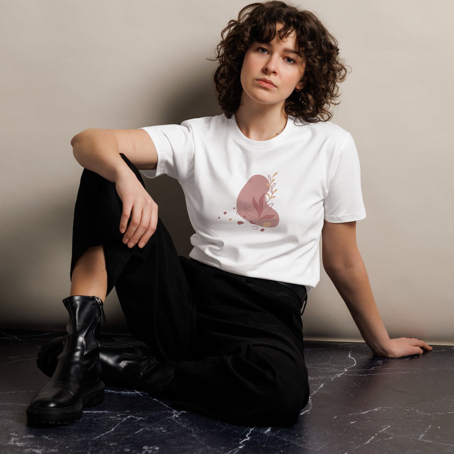 Women's Premium White Tee featuring a botanical heart design, showcasing a muted and delicate illustration of a heart with botanical elements on a grey tee, perfect for subtle self-expression.