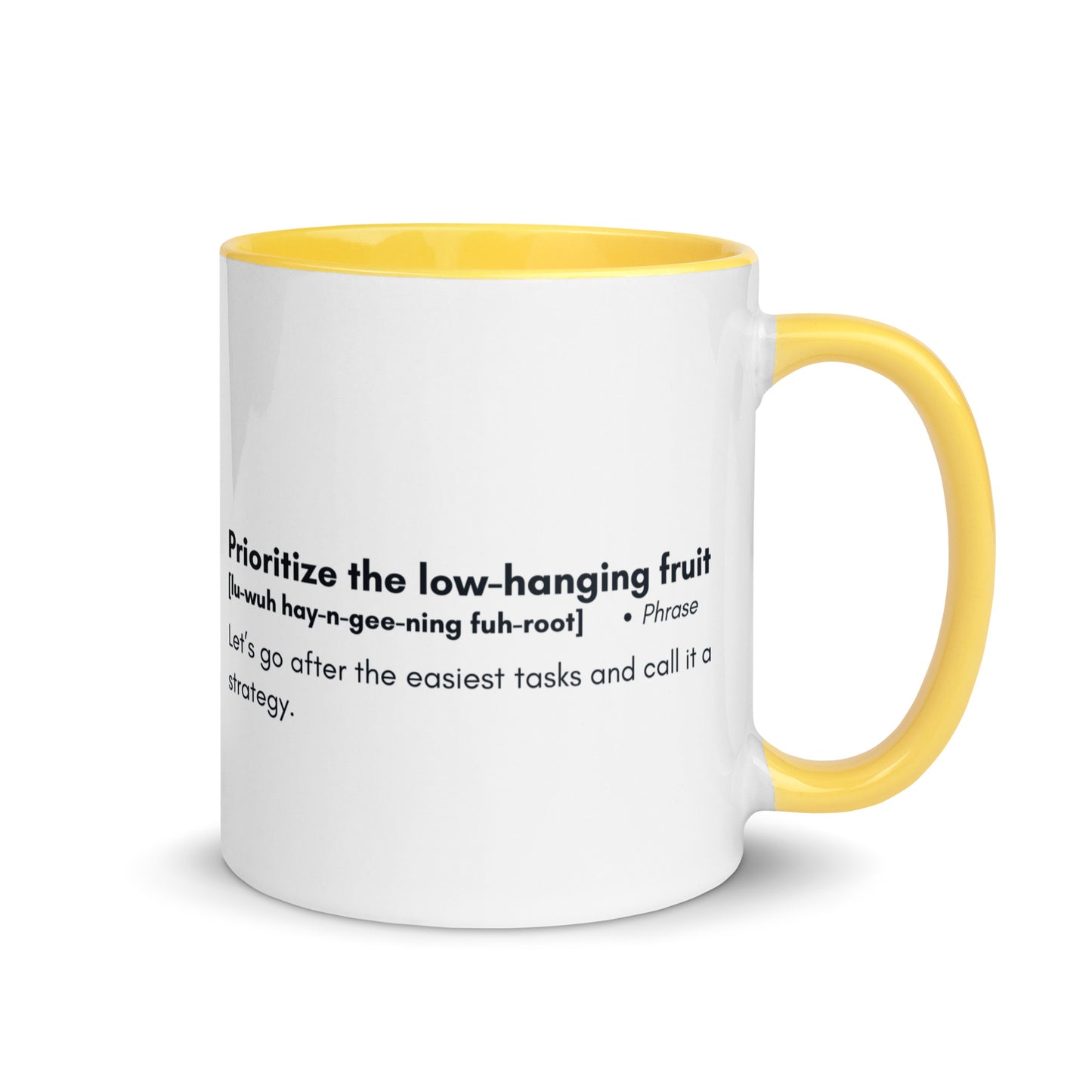 White ceramic mug with yellow inside and handle with words "Prioritize the low hanging fruit" followed by a humorous definition.