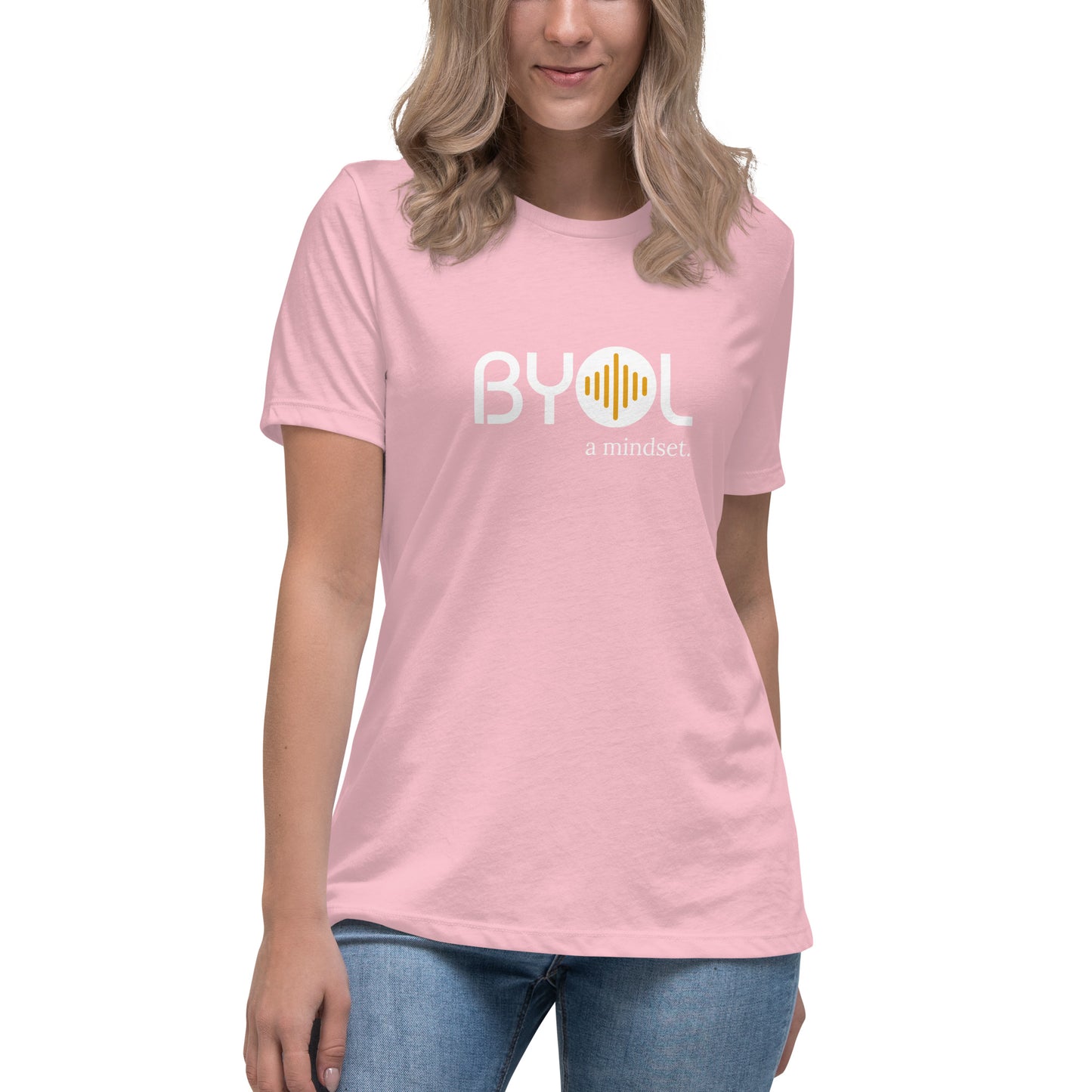 Woman wearing a heather pink relaxed fit BYOL mindset t-shirt with color options in black, pink, blue, and gray, available in sizes S to 3XL.