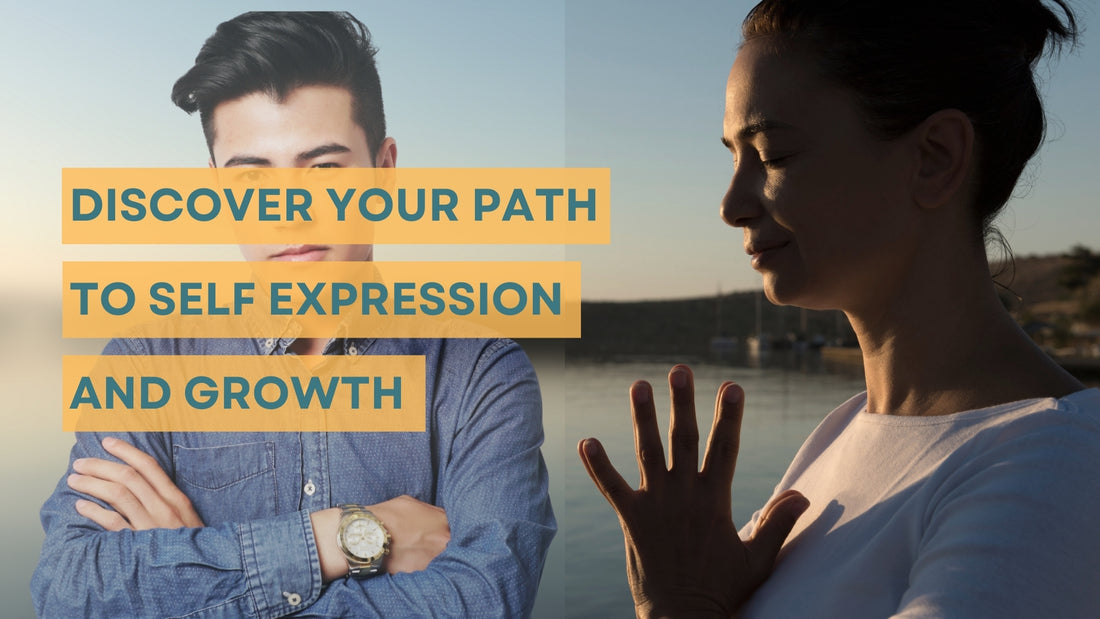 Split image showing a confident man with folded arms on one side and a serene woman meditating by the water at sunset on the other, with the text "Discover Your Path to Self-Expression and Growth" overlayed.