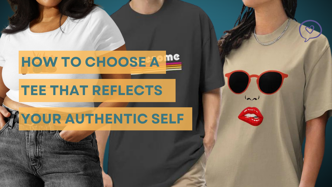 hree people wearing different graphic tees to showcase personal style, with bold text overlay reading 'How to Choose a Tee That Reflects Your Authentic Self.