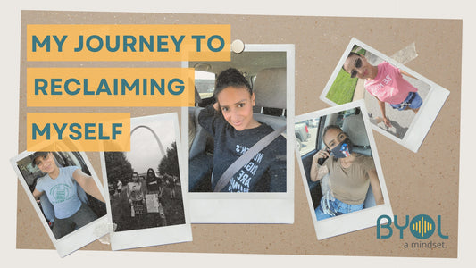 Collage of images featuring Maribell Smith, founder of Be You Out Loud, highlighting her journey to reclaiming herself. Includes photos of Maribell wearing empowering clothing, with the brand’s logo and the slogan 'My Journey to Reclaiming Myself.