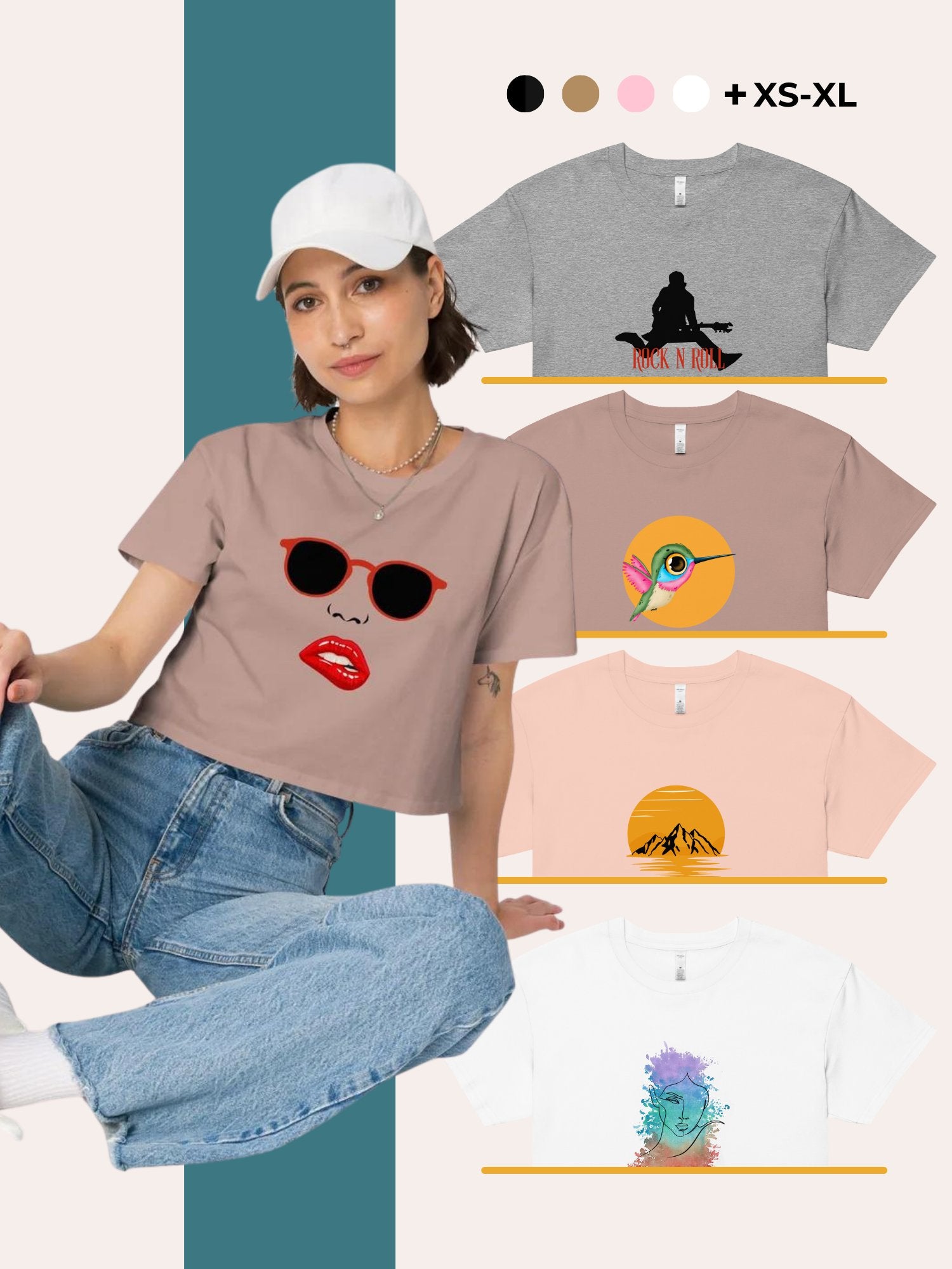 Woman wearing a cropped t-shirt with a red sunglasses and lips graphic, paired with blue jeans and a white cap. Additional t-shirts feature designs like 'Rock N Roll,' a hummingbird, and abstract art in various colors. Available in sizes XS-XL.