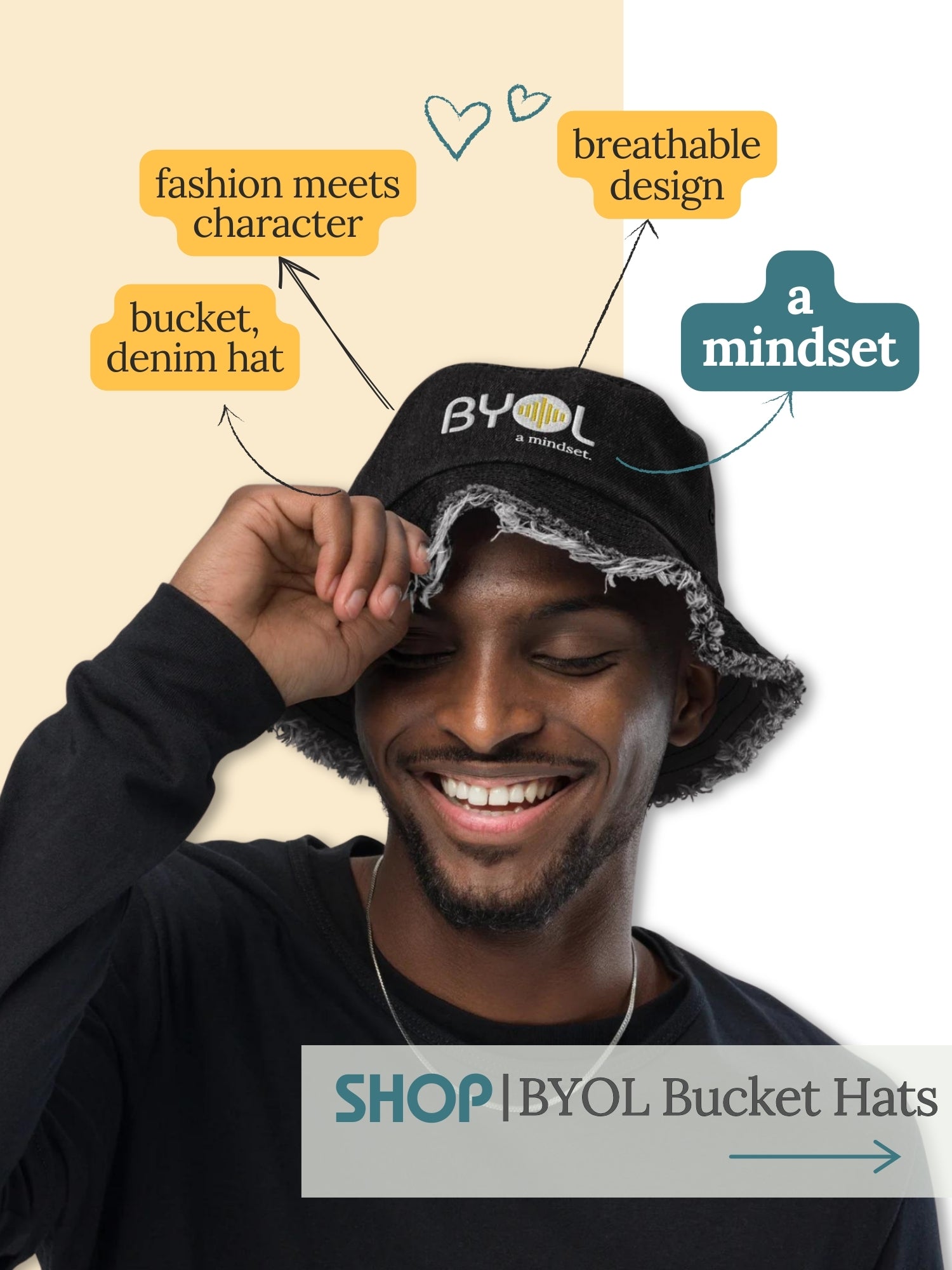 Man smiling while wearing a black bucket hat with "BYOL: a mindset" logo, highlighting self-expression and available for diverse styles. Perfect for individuals seeking a unique and empowering fashion statement.