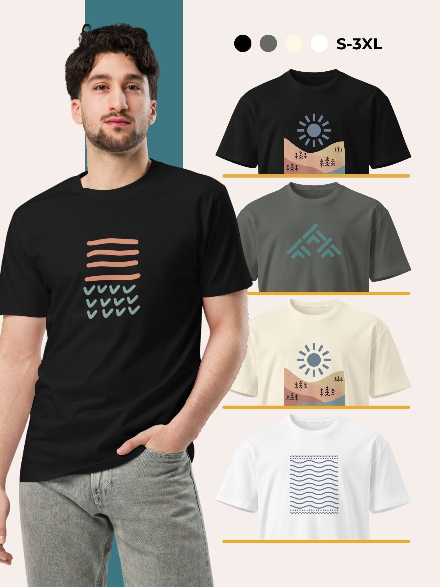 Man in a black graphic t-shirt with abstract shapes in earthy tones, paired with light-wash jeans. Minimalist t-shirt designs with sun, mountains, and geometric patterns shown in neutral colors. Available in sizes S-3XL and various colors.