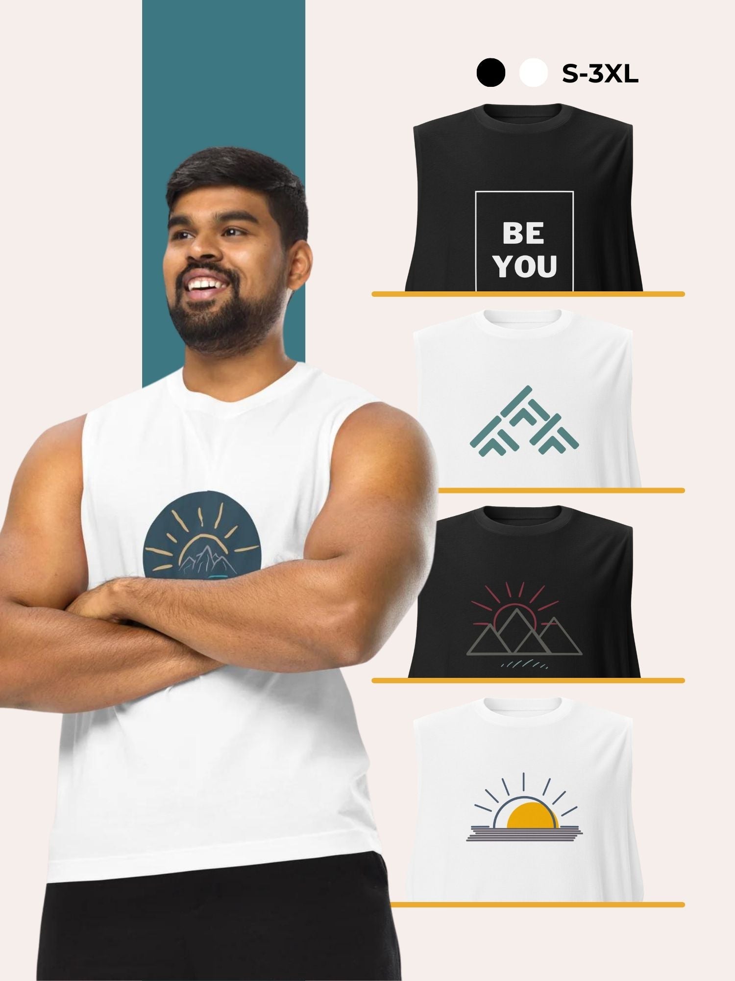 Man wearing a white sleeveless graphic t-shirt with a mountain and sun design, paired with black pants. Additional sleeveless t-shirts featuring motivational text and geometric designs shown in black and white. Available in sizes S-3XL.