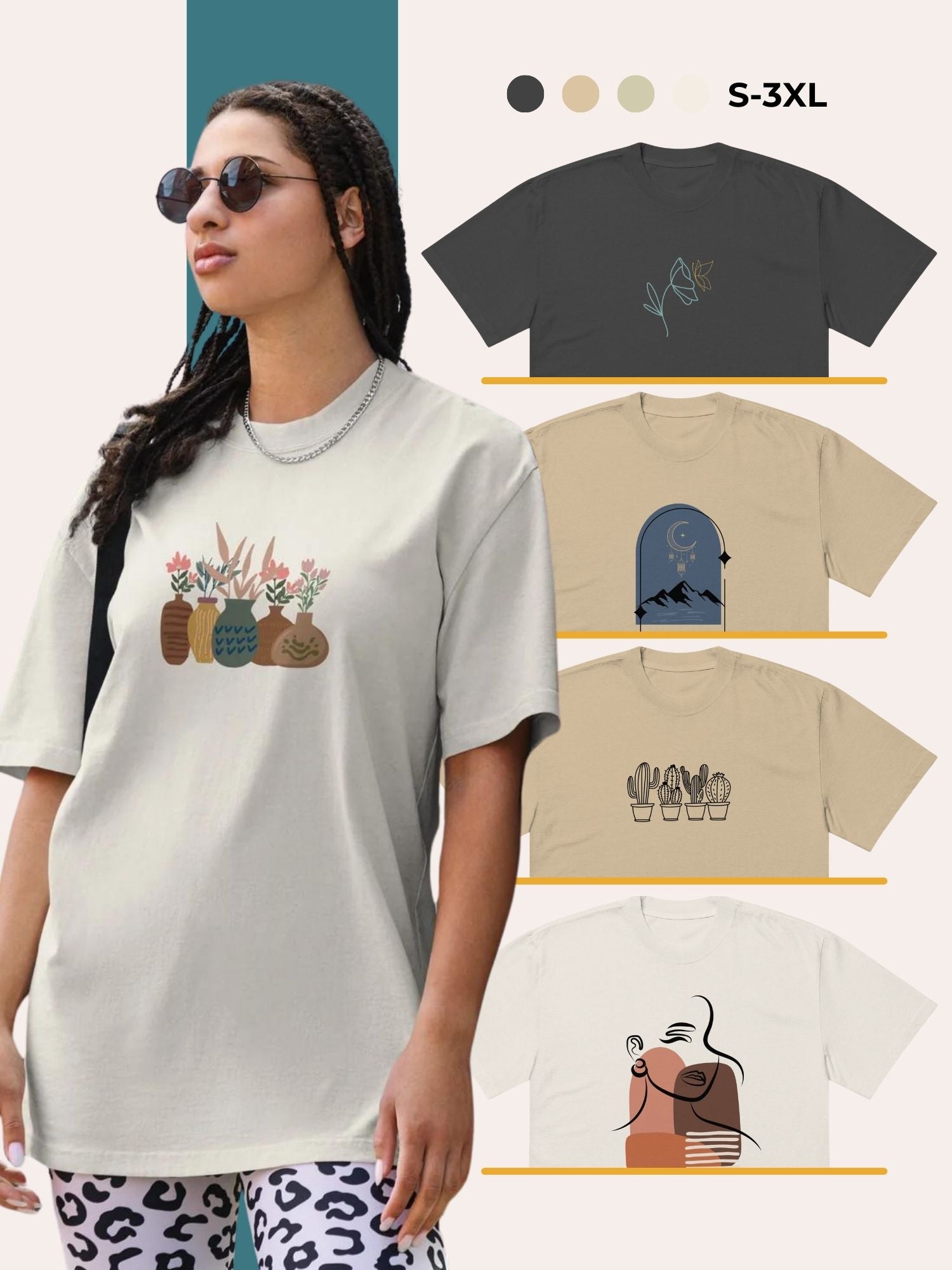 Young woman in a beige graphic t-shirt with plant illustration, styled with sunglasses and patterned leggings. Additional t-shirt designs with plants, flowers, and abstract art are shown in neutral tones. Available in sizes S-3XL and various colors.