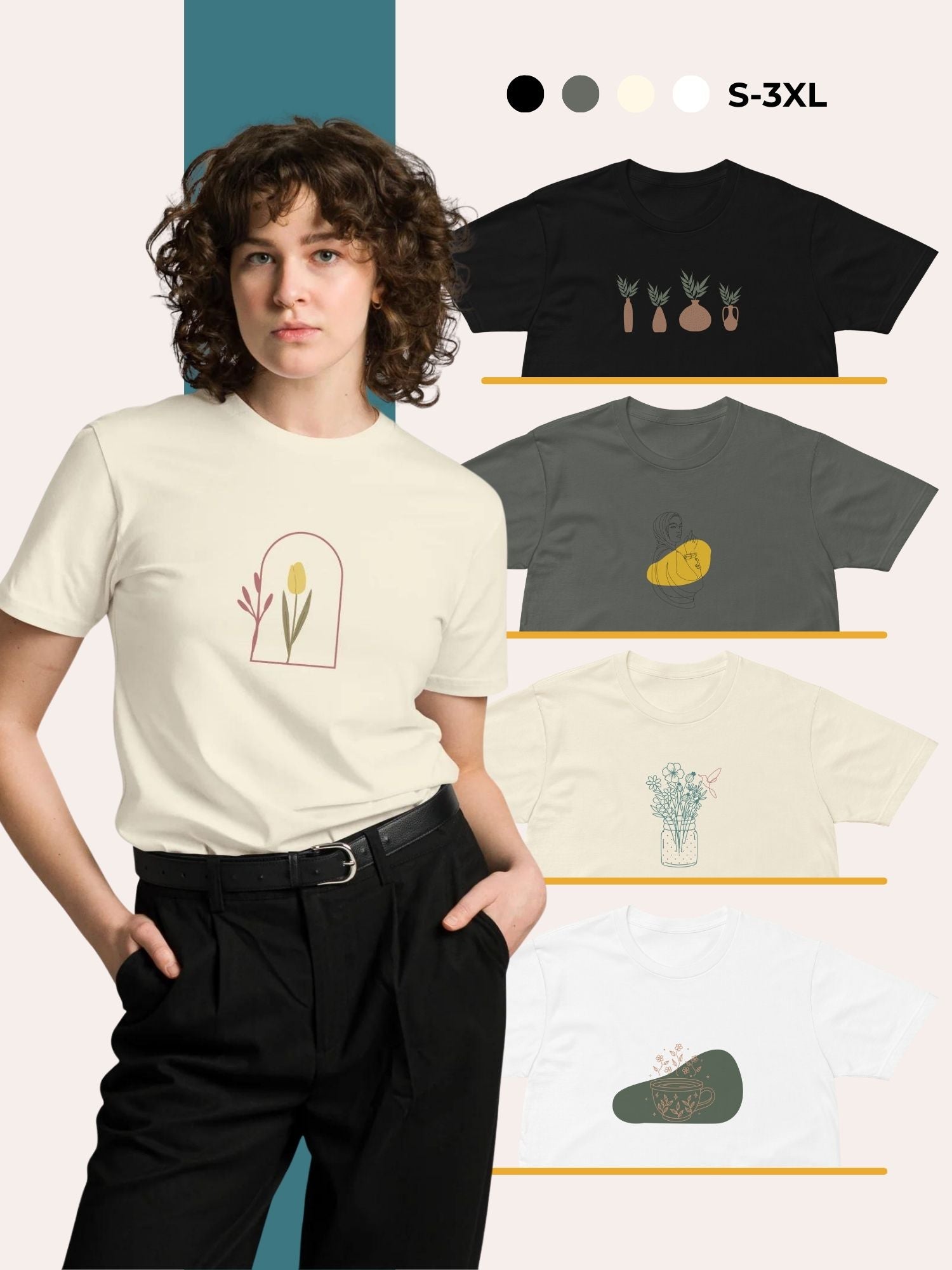 Young woman wearing a beige graphic t-shirt with a minimal floral design, paired with black trousers. Additional t-shirt designs featuring plants, vegetables, and abstract art displayed in neutral tones. Available in sizes S-3XL and multiple colors.