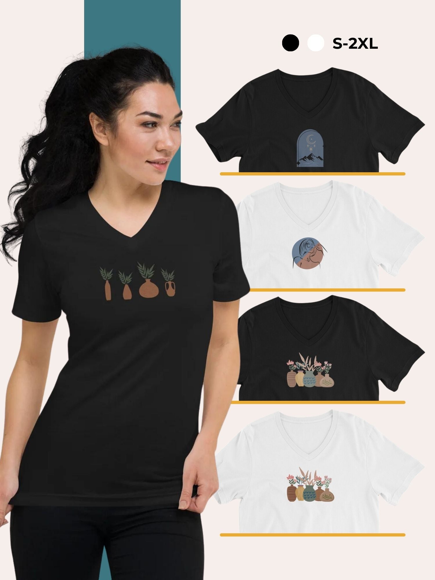 Woman wearing a black V-neck t-shirt with a vegetable illustration, paired with black pants. Additional V-neck t-shirt designs featuring abstract art, plants, and a night landscape shown in black and white. Available in sizes S-2XL.