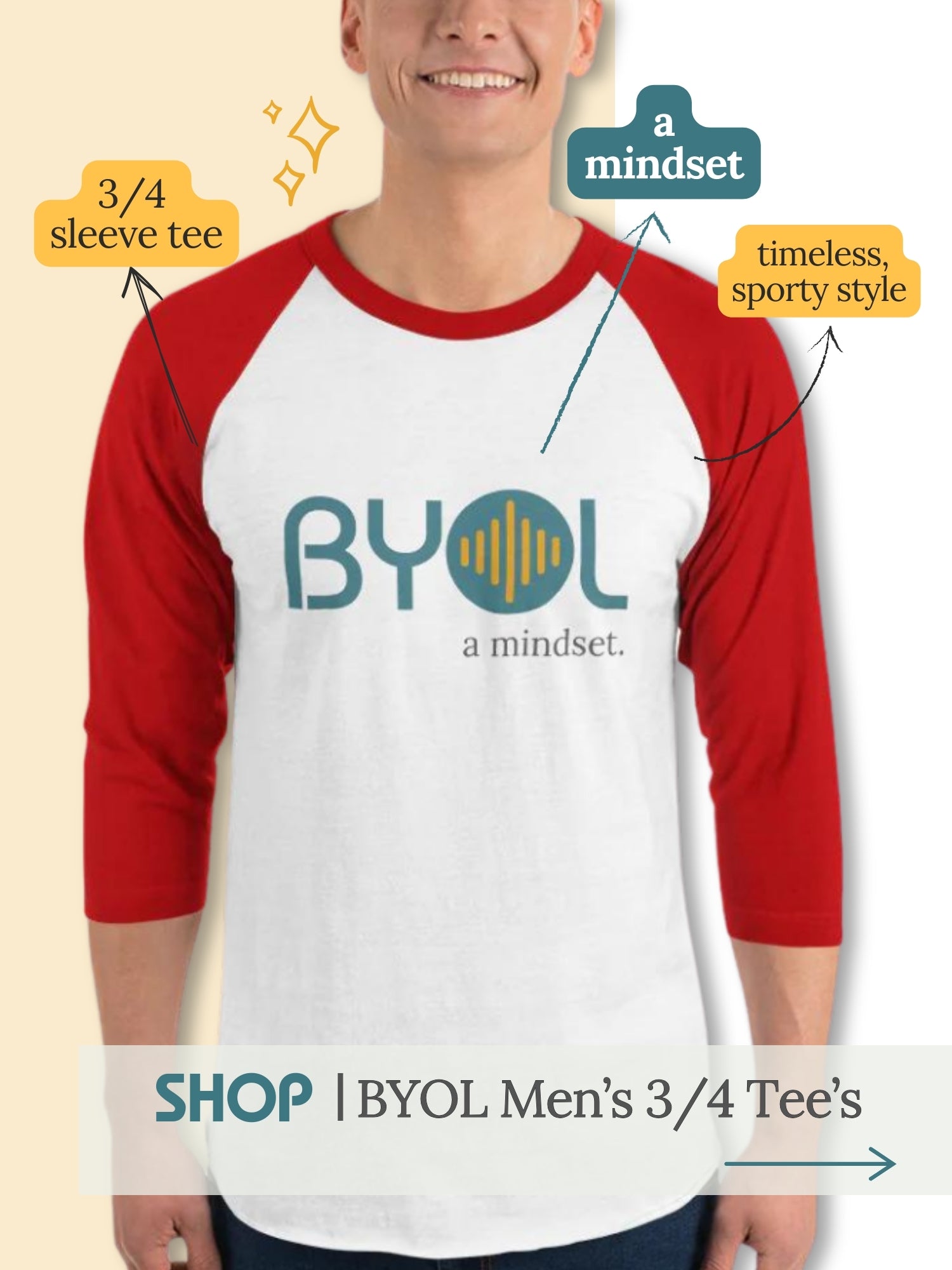 Happy man wearing a Be You Out Loud Men's 3/4 Sleeve Raglan Tee in white and red, featuring the brand's logo in teal on the chest, representing individual expression and a bold mindset.