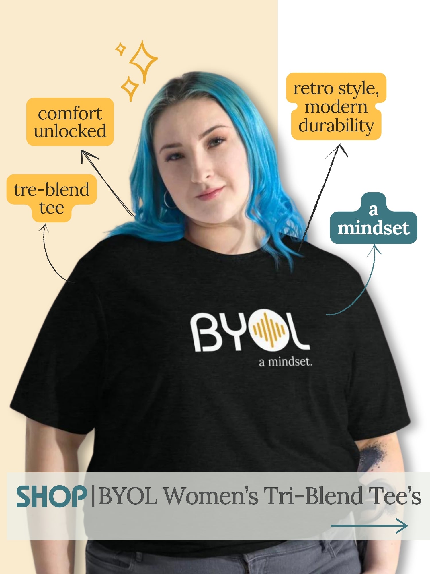 Woman with blue hair wearing an black t-shirt with "BYOL: a mindset" logo on the back, highlighting individuality and self-expression. The shirt is designed for those who embrace their unique voice and style.