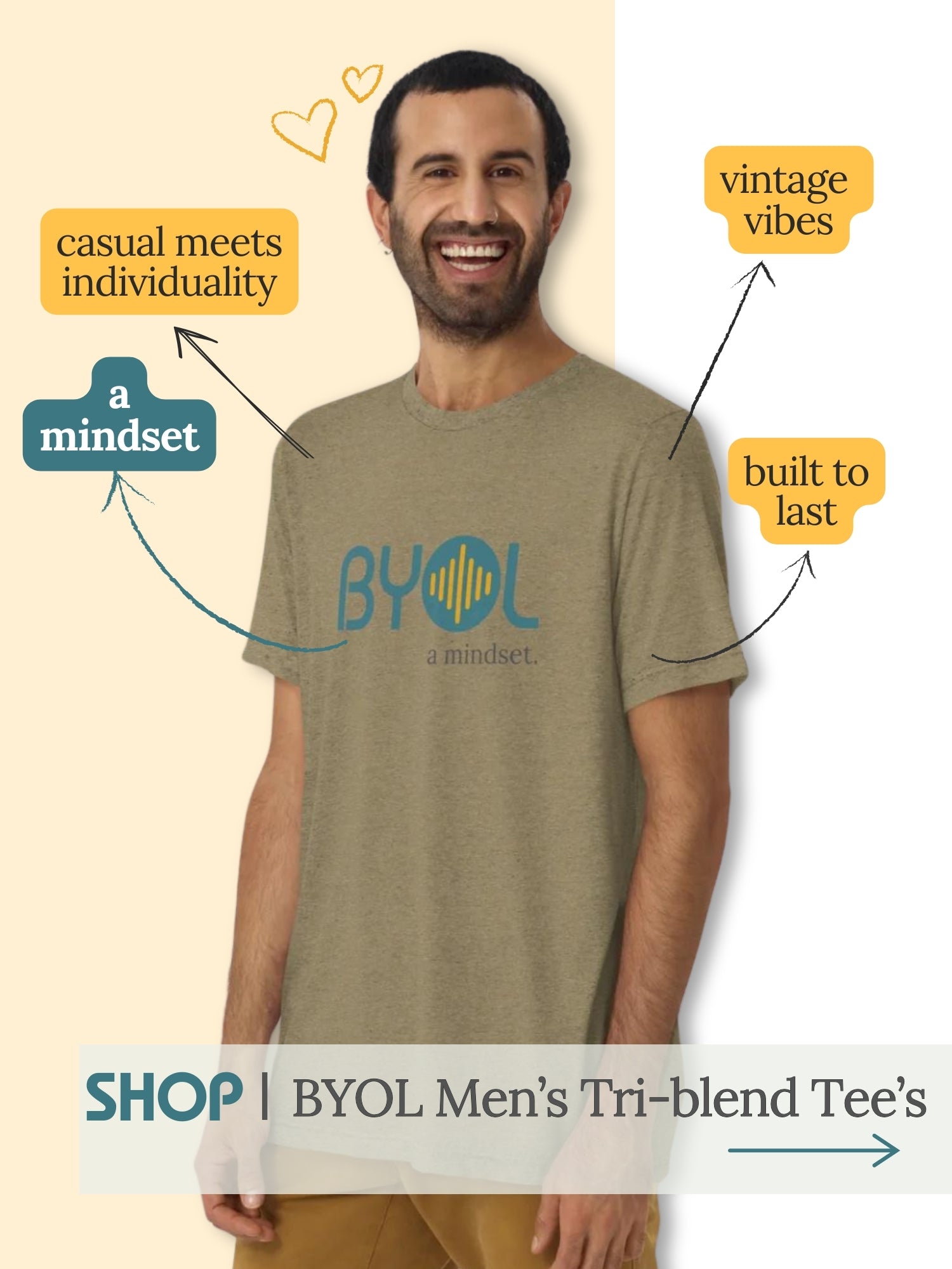 man smiling wearing an olive tribled tee with the BYOL logo on it.