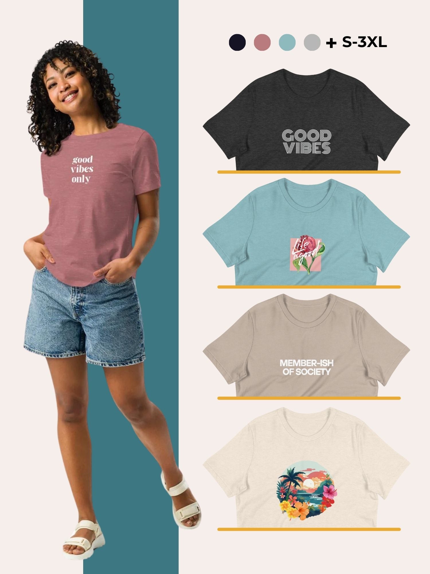 Woman wearing a pink t-shirt with the text 'Good Vibes Only,' paired with denim shorts. Additional t-shirts feature designs like 'Good Vibes,' floral graphics, and tropical beach scenes in various colors. Available in sizes S-3XL.