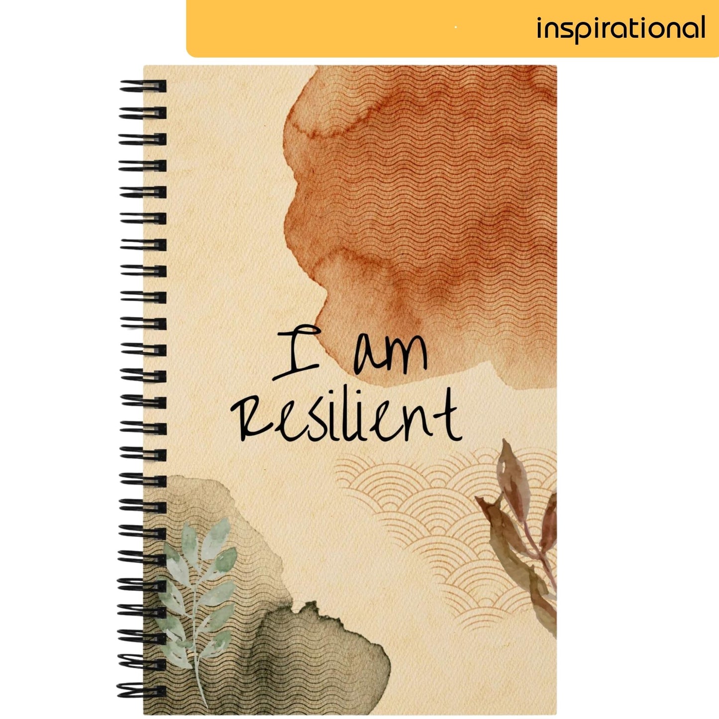 A notepad with an artistic background of watercolor washes in earthy tones and abstract line patterns, featuring the handwritten motivational statement 'I am Resilient' centered on the page, invoking a sense of inspiration and strength.