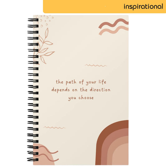 A notepad with a gentle cream background presents a thoughtful message saying 'the path of your life depends on the direction you choose', surrounded by subtle line drawings and leaf illustrations in warm earthy tones, conveying a serene and reflective mood.