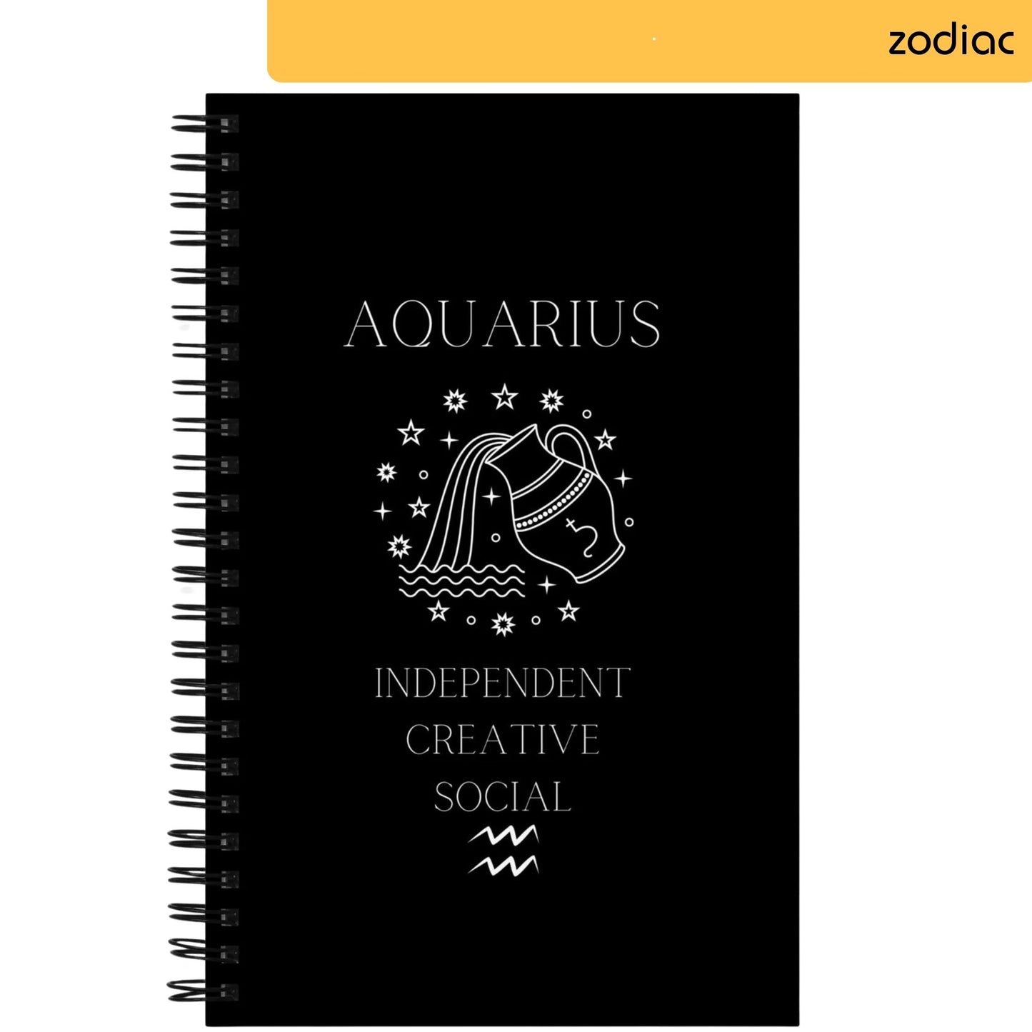 A notepad with a dark background features 'AQUARIUS' in white lettering at the top. The artwork below includes a stylized water bearer, an emblem of Aquarius, surrounded by stars. The words 'INDEPENDENT CREATIVE SOCIAL' are listed as representative traits, with the Aquarius astrological symbol displayed at the bottom.