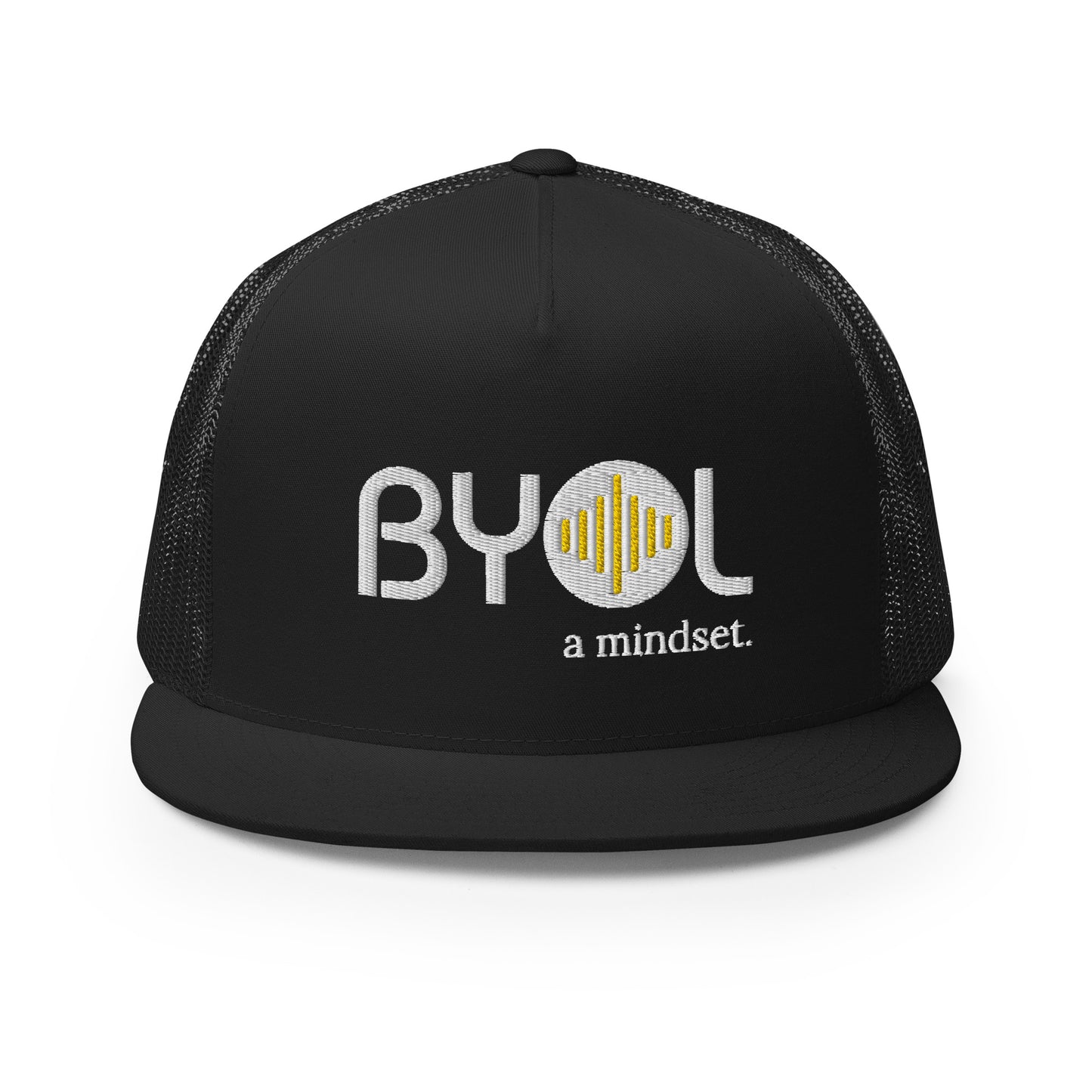 Black 5-panel trucker hat with "BYOL a mindset" embroidered on the front in white and yellow, displayed against a clean background. Available in various colors: gray, maroon, white and blue, blue, and teal.