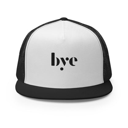 A white and black snapback hat featuring a mesh back for breathability and a solid front panel with the lowercase letters "b.y.o" stylized and embroidered in a dark, contrasting shade. The cap has a flat brim and appears to be adjustable, suitable for a casual, stylish look.