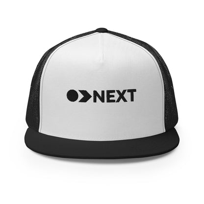 A white and black 5-panel trucker cap with a dark, embossed "NEXT" logo on the front, featuring a breathable mesh back and a flat bill, designed for trendsetters and go-getters.