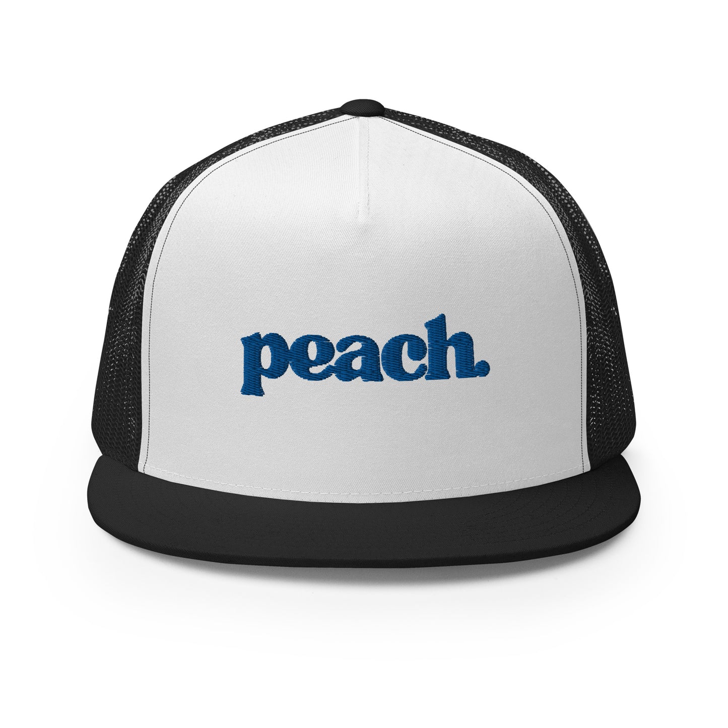 A white and black 5-panel trucker cap with "peach" written in striking blue script across the front, featuring breathable mesh backing and a classic snapback closure.