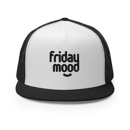 A white and black 5-panel trucker cap with a subtle "friday mood" phrase on the front panel, featuring a comfortable mesh back and a stylish flat bill, designed for those who love to express their laid-back weekend vibe.