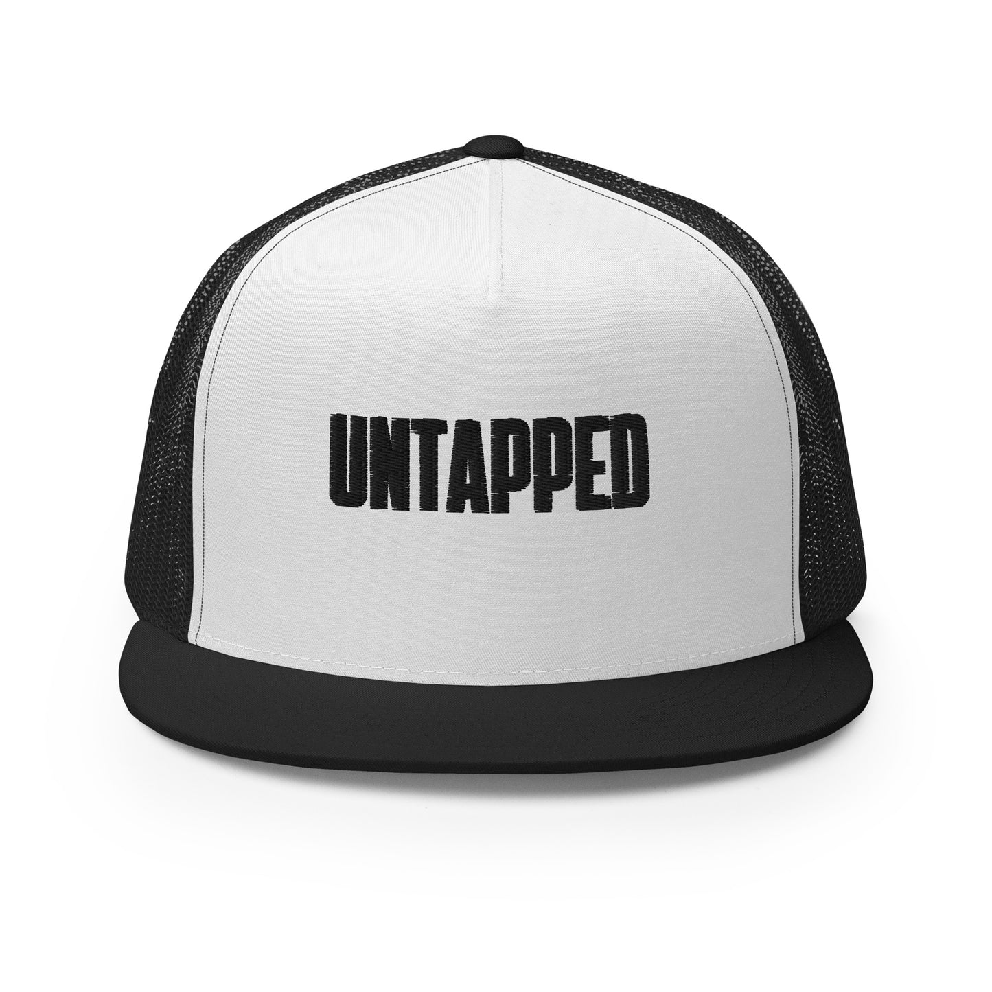 A sophisticated white and black 5-panel trucker cap with embossed "UNTAPPED" lettering on the front, featuring a mesh back for breathability and an adjustable snapback closure for the perfect fit.