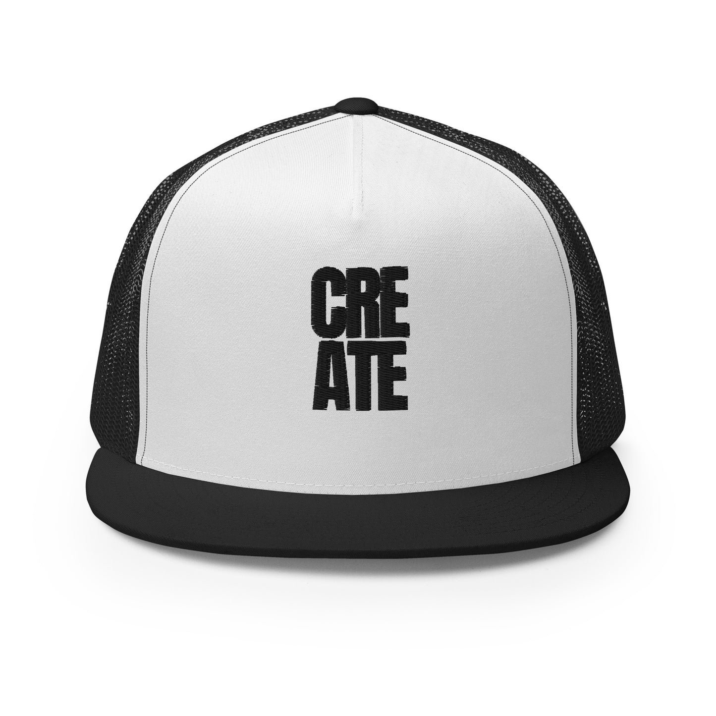 A stylish white and black 5-panel trucker cap with the word "CREATE" boldly displayed on the front, featuring a mesh back for ventilation and an adjustable snapback for a personalized fit, designed for the artist in everyone.