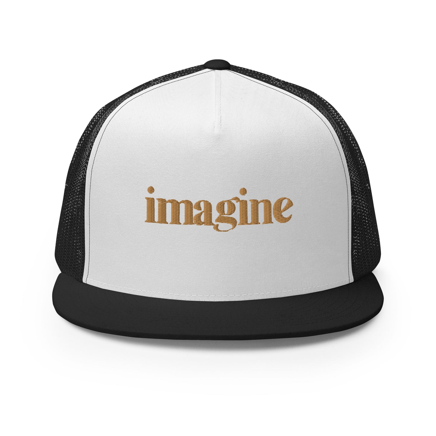 A sleek white and black 5-panel trucker cap with "imagine" elegantly scripted in gold on the front, featuring a breathable mesh back and a customizable snapback closure, perfect for creatives and thinkers alike.