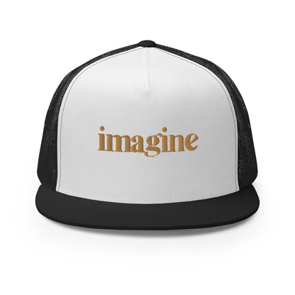 A sleek white and black 5-panel trucker cap with "imagine" elegantly scripted in gold on the front, featuring a breathable mesh back and a customizable snapback closure, perfect for creatives and thinkers alike.