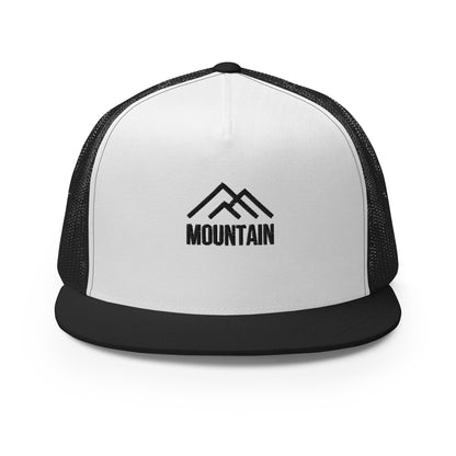 A dark white and black 5-panel trucker cap featuring a subtle mountain silhouette with the word "MOUNTAIN" below it, complete with a mesh back and an adjustable snapback, perfect for outdoor enthusiasts and adventurers.