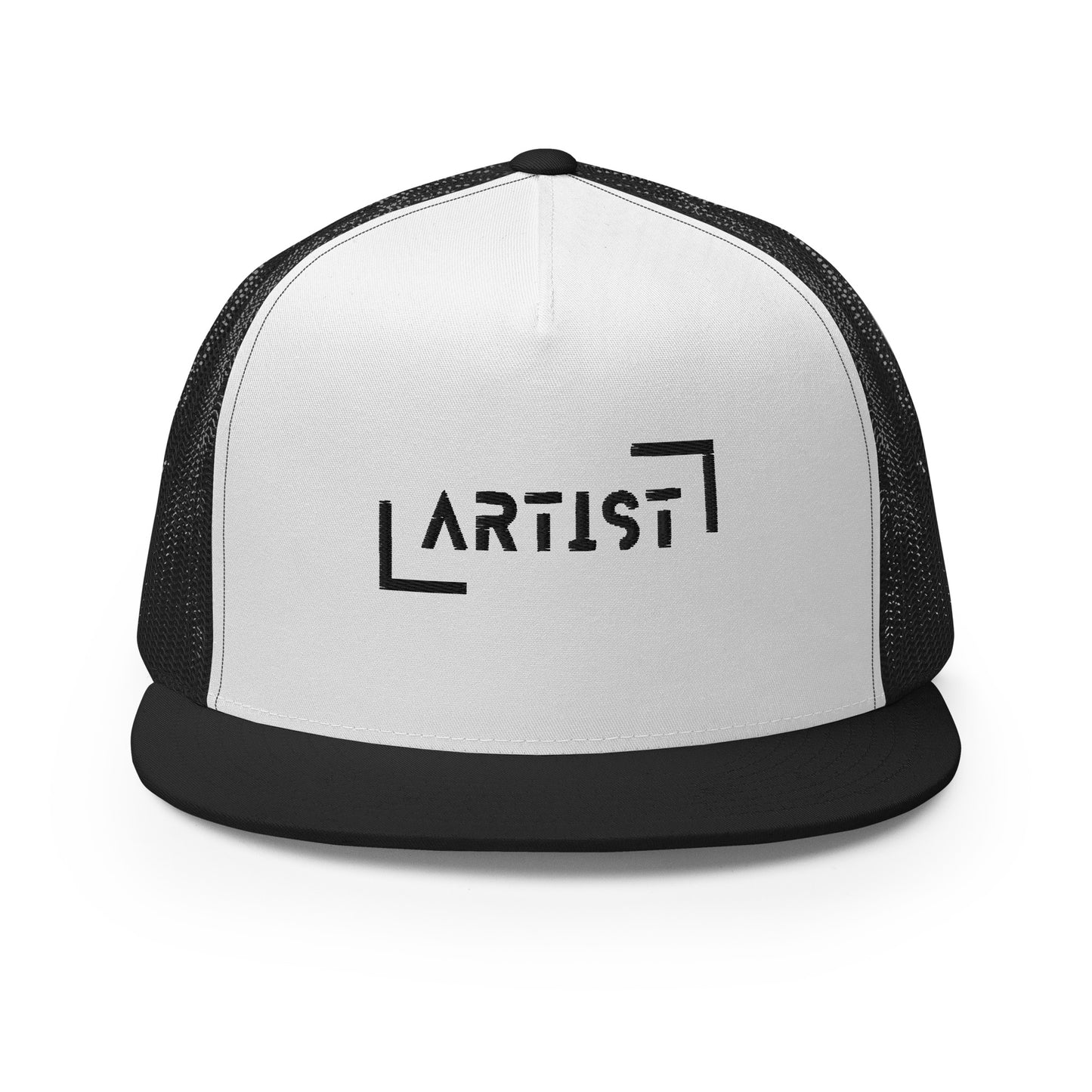 A sophisticated white and black 5-panel trucker cap with the word "ARTIST" embossed on the front, featuring a mesh back and an adjustable snapback closure, ideal for artists and creative minds who love to showcase their identity.