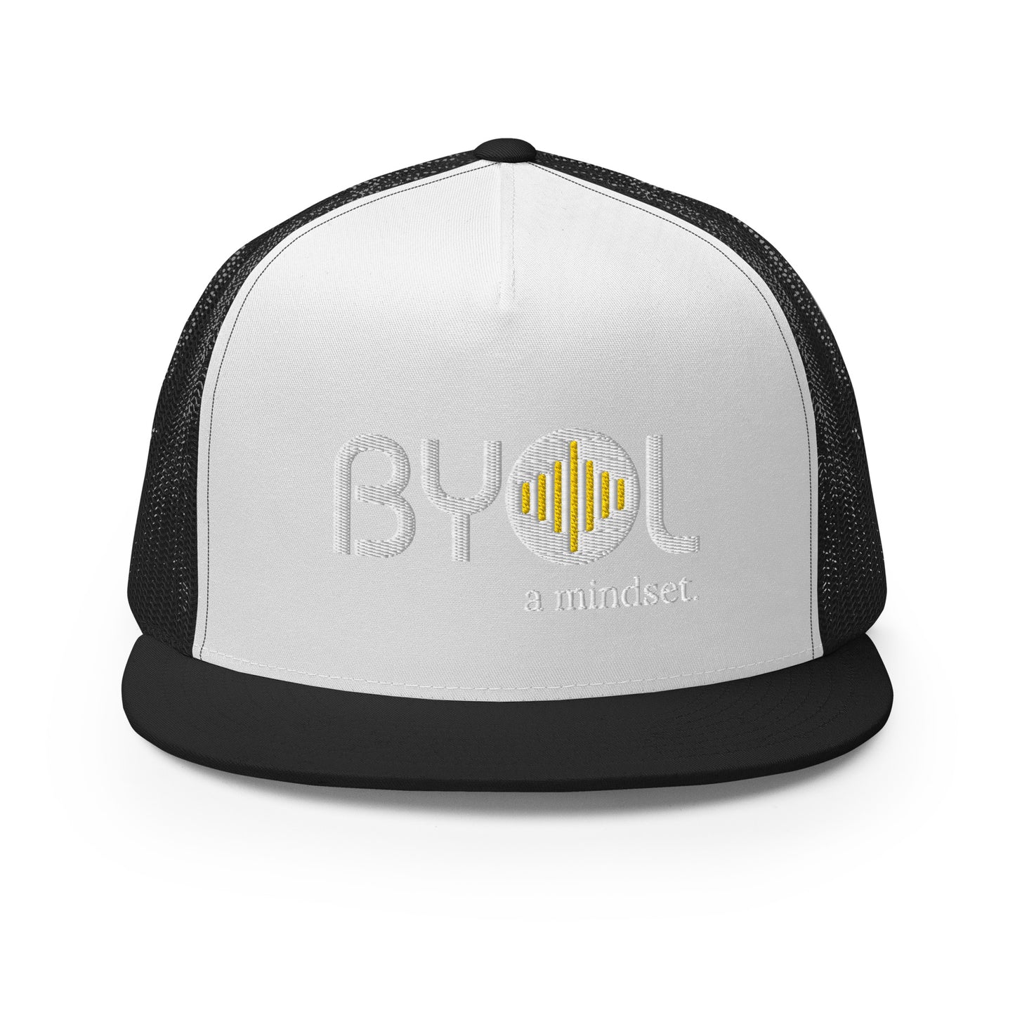 White and black 5-panel trucker hat with "BYOL a mindset" embroidered on the front in white and yellow, displayed against a clean background. Available in various colors: gray, maroon, white and blue, blue, and teal.