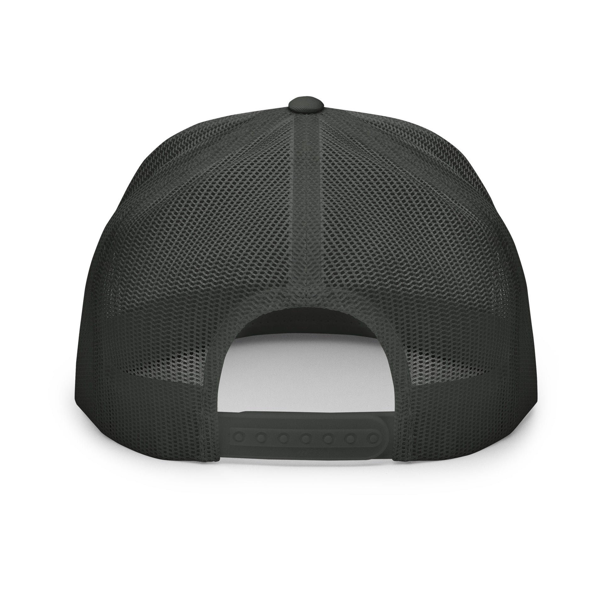 The back view of a black mesh trucker cap with an adjustable snapback closure, showcasing its breathable design and sturdy structure, ideal for a comfortable and secure fit.