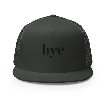 A black snapback hat featuring a mesh back for breathability and a solid front panel with the lowercase letters "b.y.o" stylized and embroidered in a dark, contrasting shade. The cap has a flat brim and appears to be adjustable, suitable for a casual, stylish look.