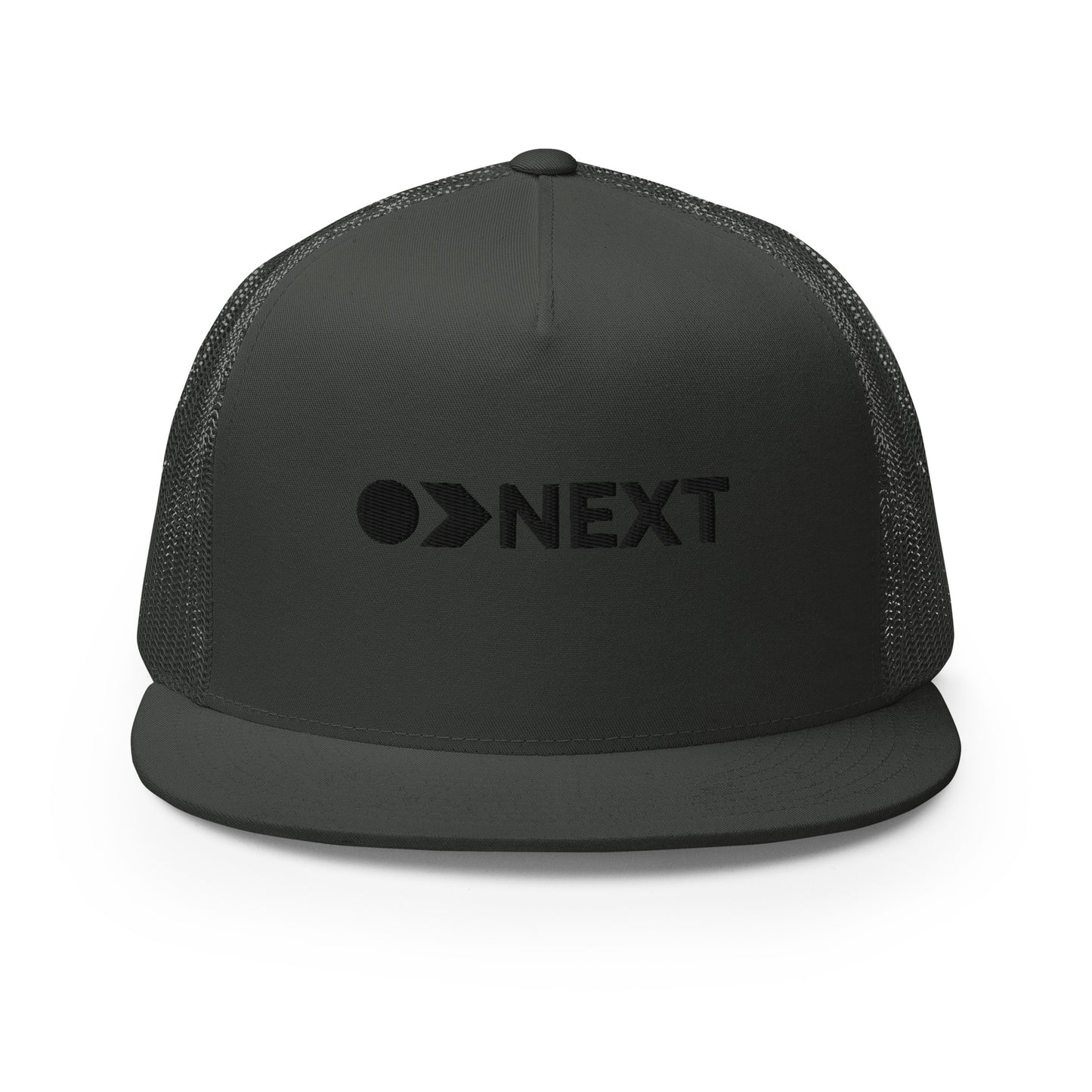 A black 5-panel trucker cap with a dark, embossed "NEXT" logo on the front, featuring a breathable mesh back and a flat bill, designed for trendsetters and go-getters.