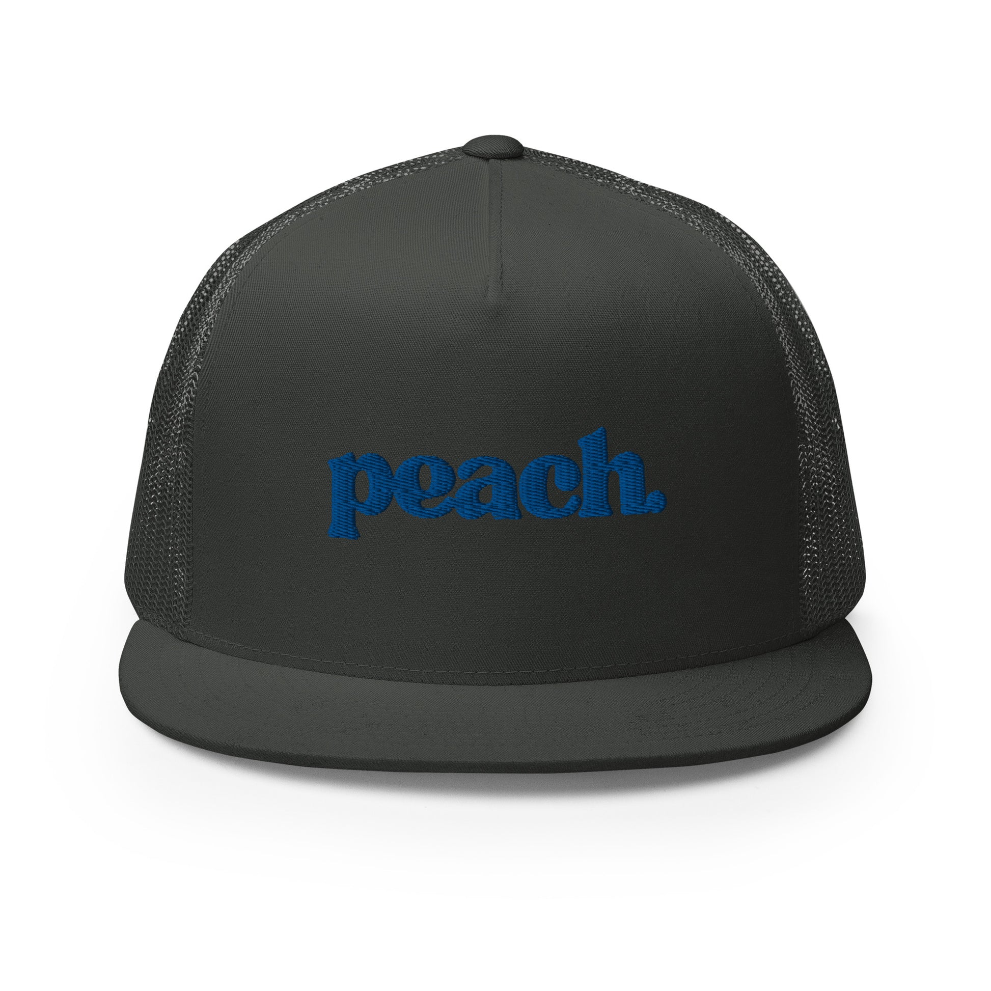 A black 5-panel trucker cap with "peach" written in striking blue script across the front, featuring breathable mesh backing and a classic snapback closure.