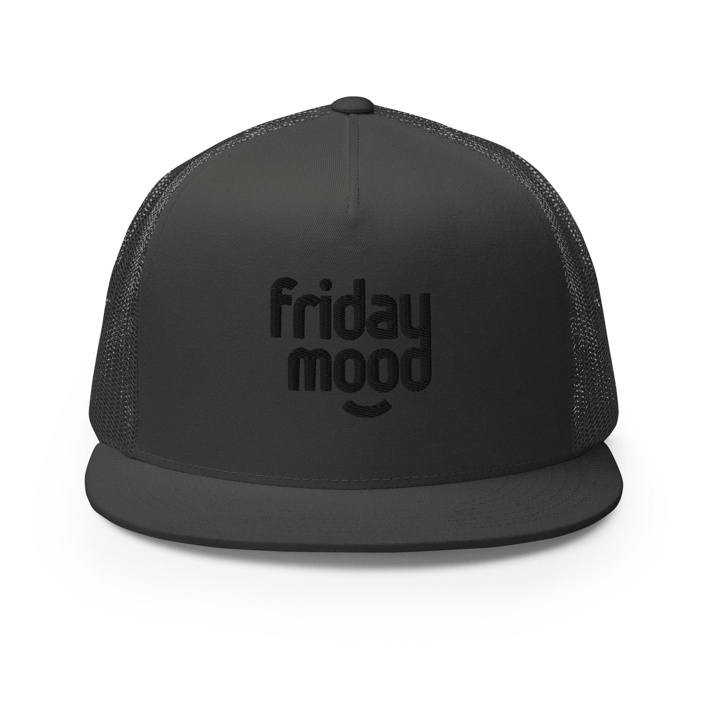 A black 5-panel trucker cap with a subtle "friday mood" phrase on the front panel, featuring a comfortable mesh back and a stylish flat bill, designed for those who love to express their laid-back weekend vibe.