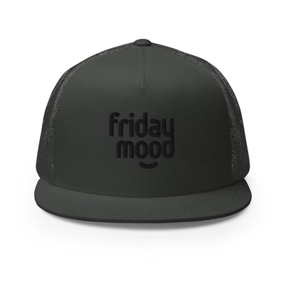 A black 5-panel trucker cap with a subtle "friday mood" phrase on the front panel, featuring a comfortable mesh back and a stylish flat bill, designed for those who love to express their laid-back weekend vibe.