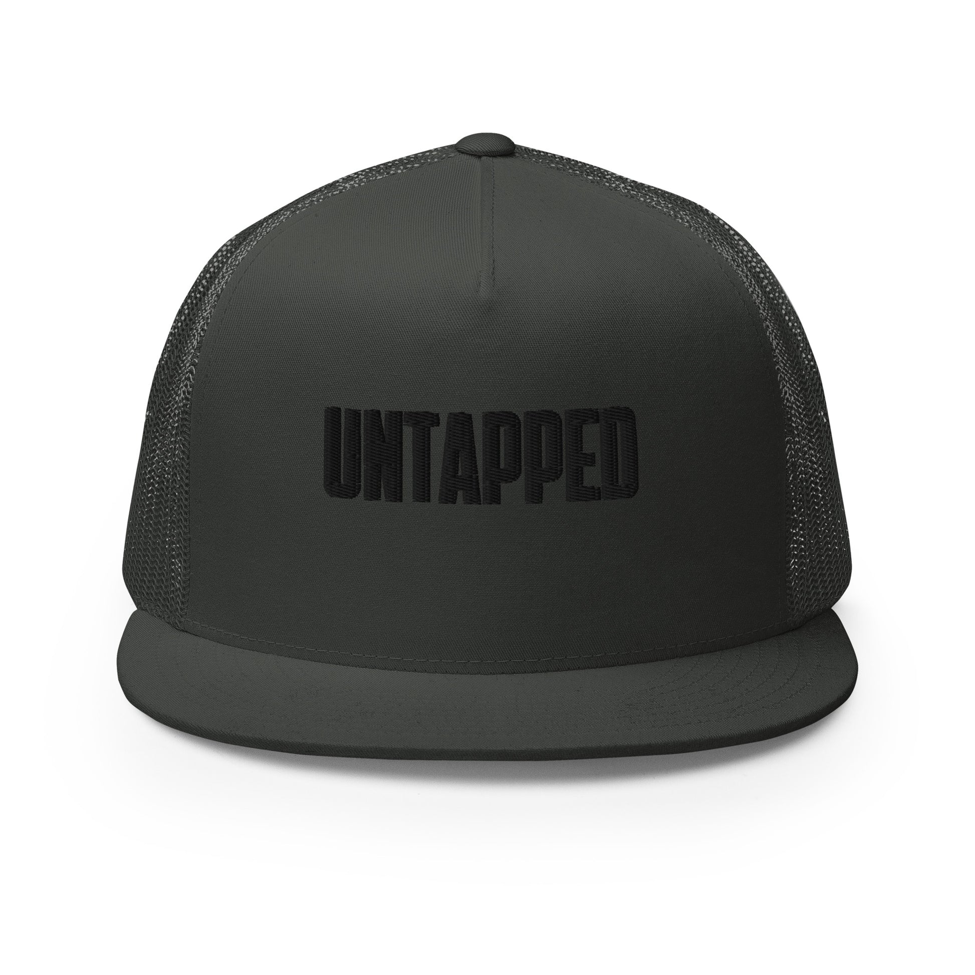 A sophisticated all-black 5-panel trucker cap with embossed "UNTAPPED" lettering on the front, featuring a mesh back for breathability and an adjustable snapback closure for the perfect fit.