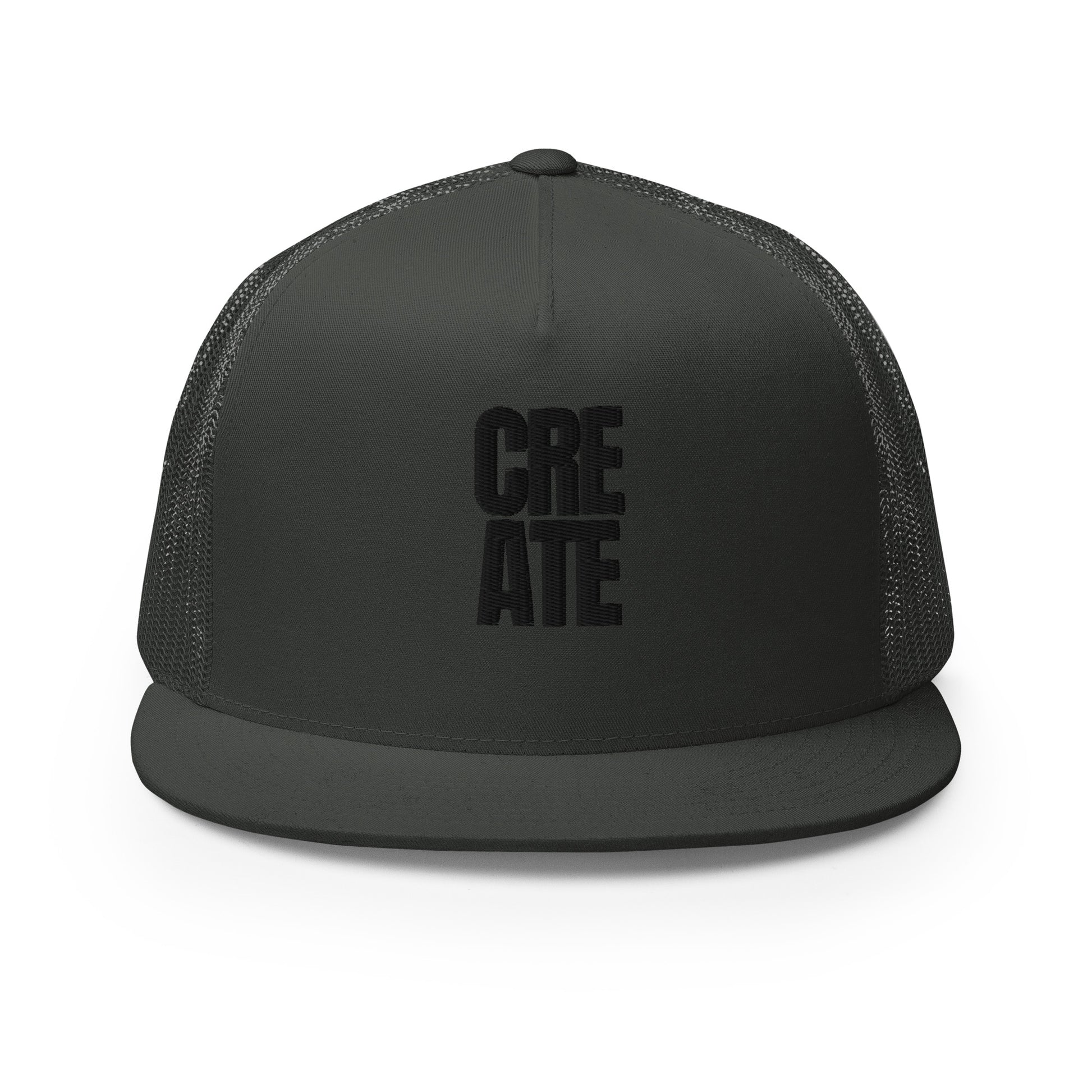 A stylish black 5-panel trucker cap with the word "CREATE" boldly displayed on the front, featuring a mesh back for ventilation and an adjustable snapback for a personalized fit, designed for the artist in everyone.