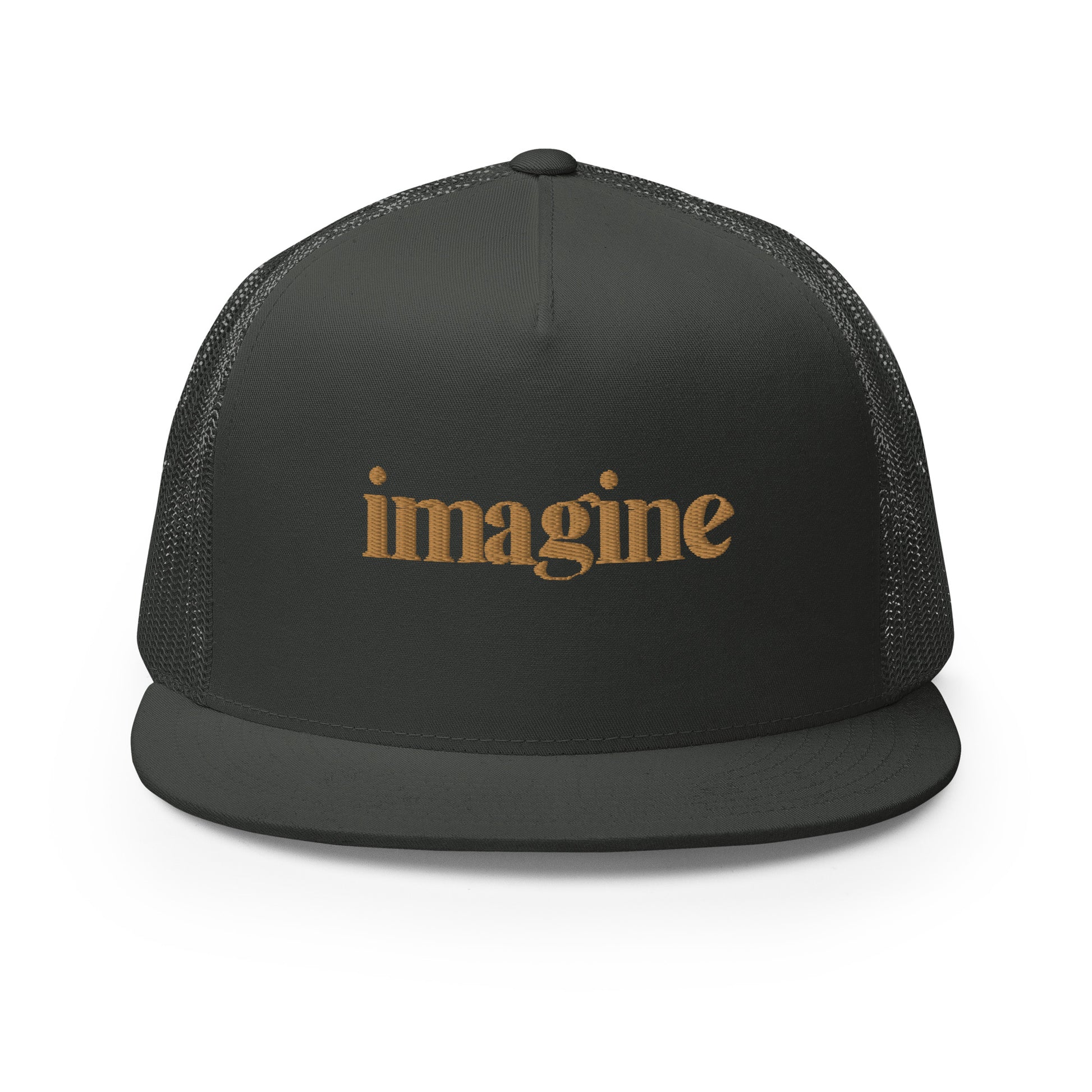 A sleek black 5-panel trucker cap with "imagine" elegantly scripted in gold on the front, featuring a breathable mesh back and a customizable snapback closure, perfect for creatives and thinkers alike.