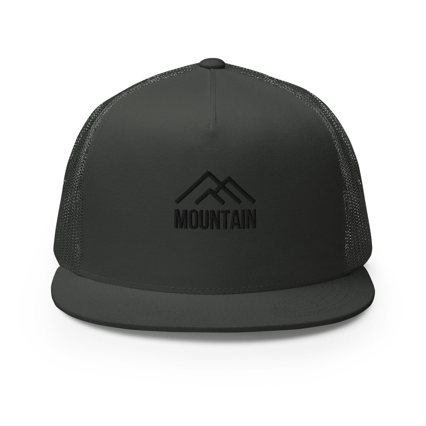 A dark black 5-panel trucker cap featuring a subtle mountain silhouette with the word "MOUNTAIN" below it, complete with a mesh back and an adjustable snapback, perfect for outdoor enthusiasts and adventurers.