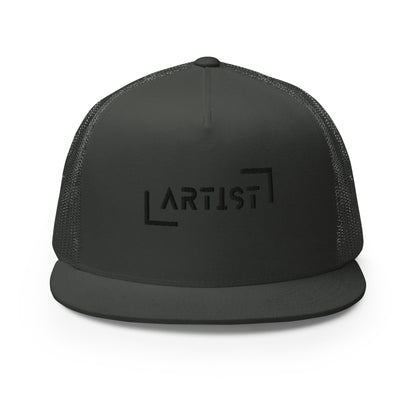 A sophisticated black 5-panel trucker cap with the word "ARTIST" embossed on the front, featuring a mesh back and an adjustable snapback closure, ideal for artists and creative minds who love to showcase their identity.