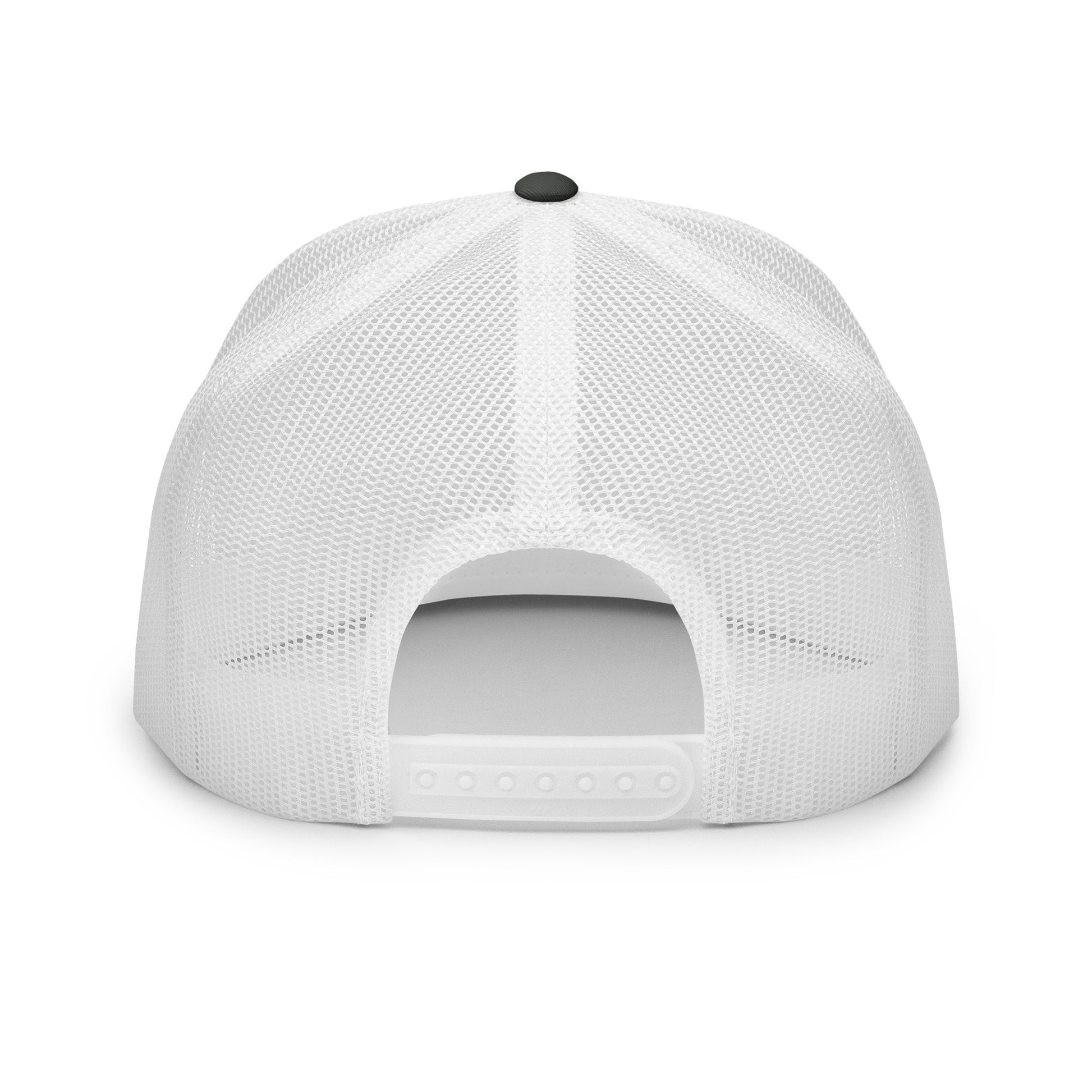 The back view of a white mesh trucker cap with an adjustable snapback closure, showcasing its breathable design and sturdy structure, ideal for a comfortable and secure fit.