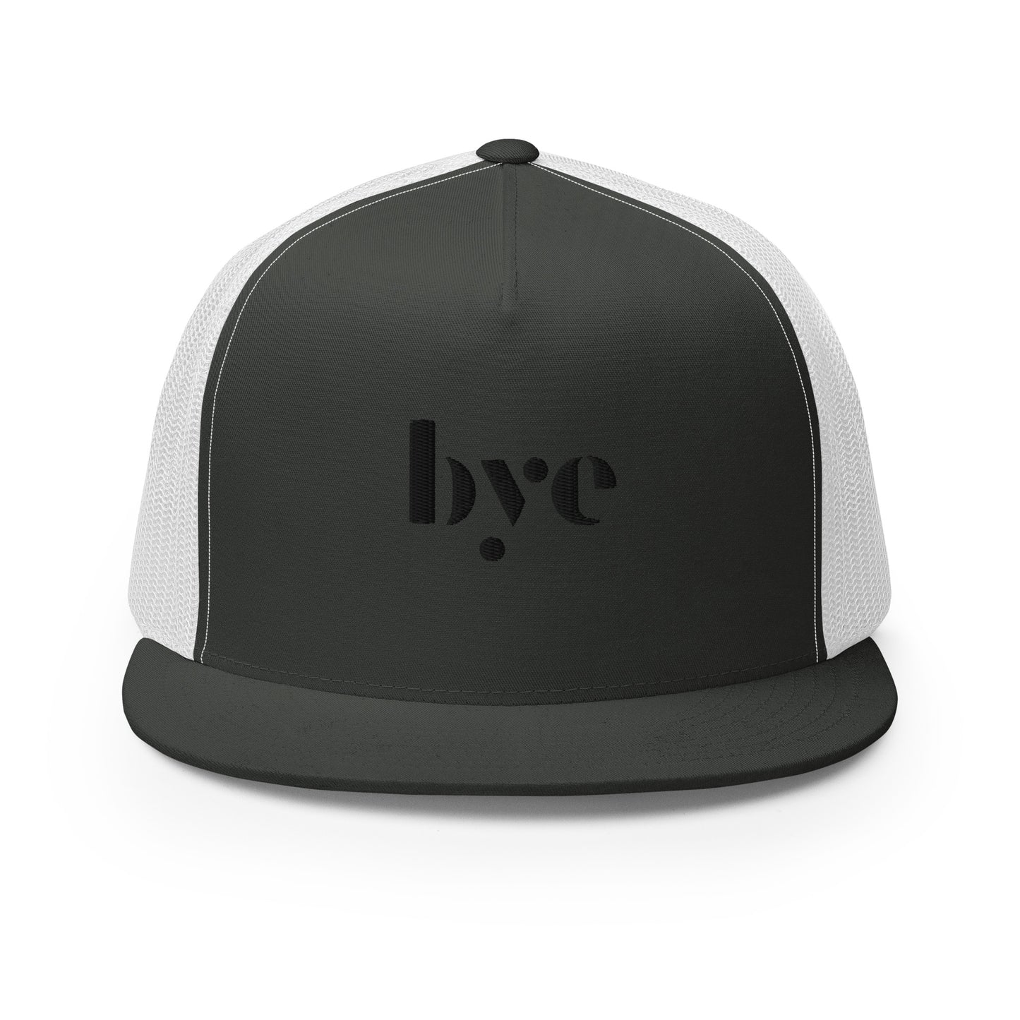 A black and white snapback hat featuring a mesh back for breathability and a solid front panel with the lowercase letters "b.y.o" stylized and embroidered in a dark, contrasting shade. The cap has a flat brim and appears to be adjustable, suitable for a casual, stylish look.