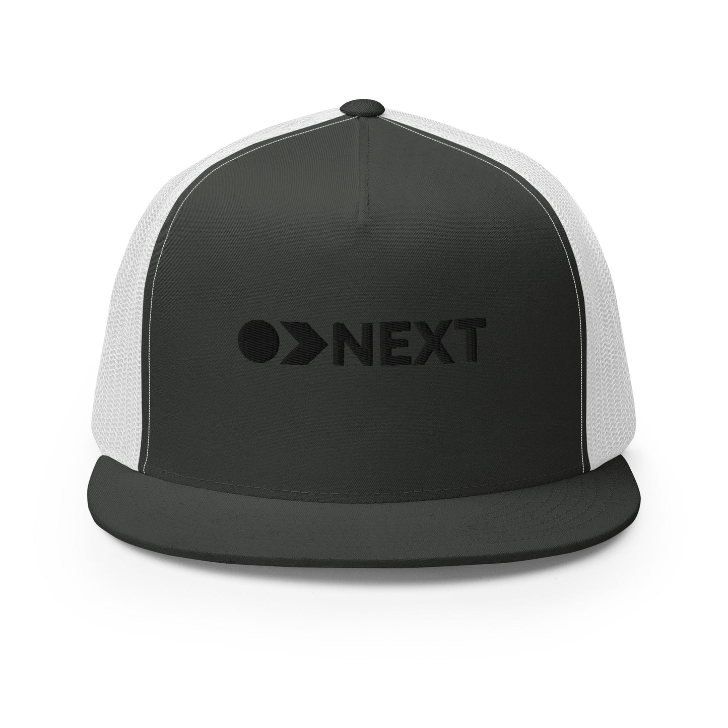 A black and white 5-panel trucker cap with a dark, embossed "NEXT" logo on the front, featuring a breathable mesh back and a flat bill, designed for trendsetters and go-getters.