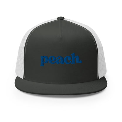 A black and white 5-panel trucker cap with "peach" written in striking blue script across the front, featuring breathable mesh backing and a classic snapback closure.