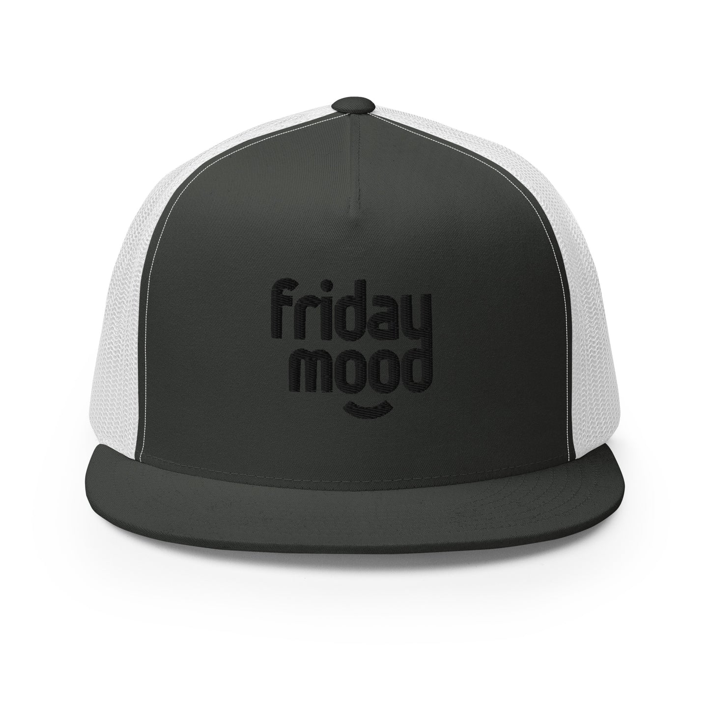 A black and white 5-panel trucker cap with a subtle "friday mood" phrase on the front panel, featuring a comfortable mesh back and a stylish flat bill, designed for those who love to express their laid-back weekend vibe.